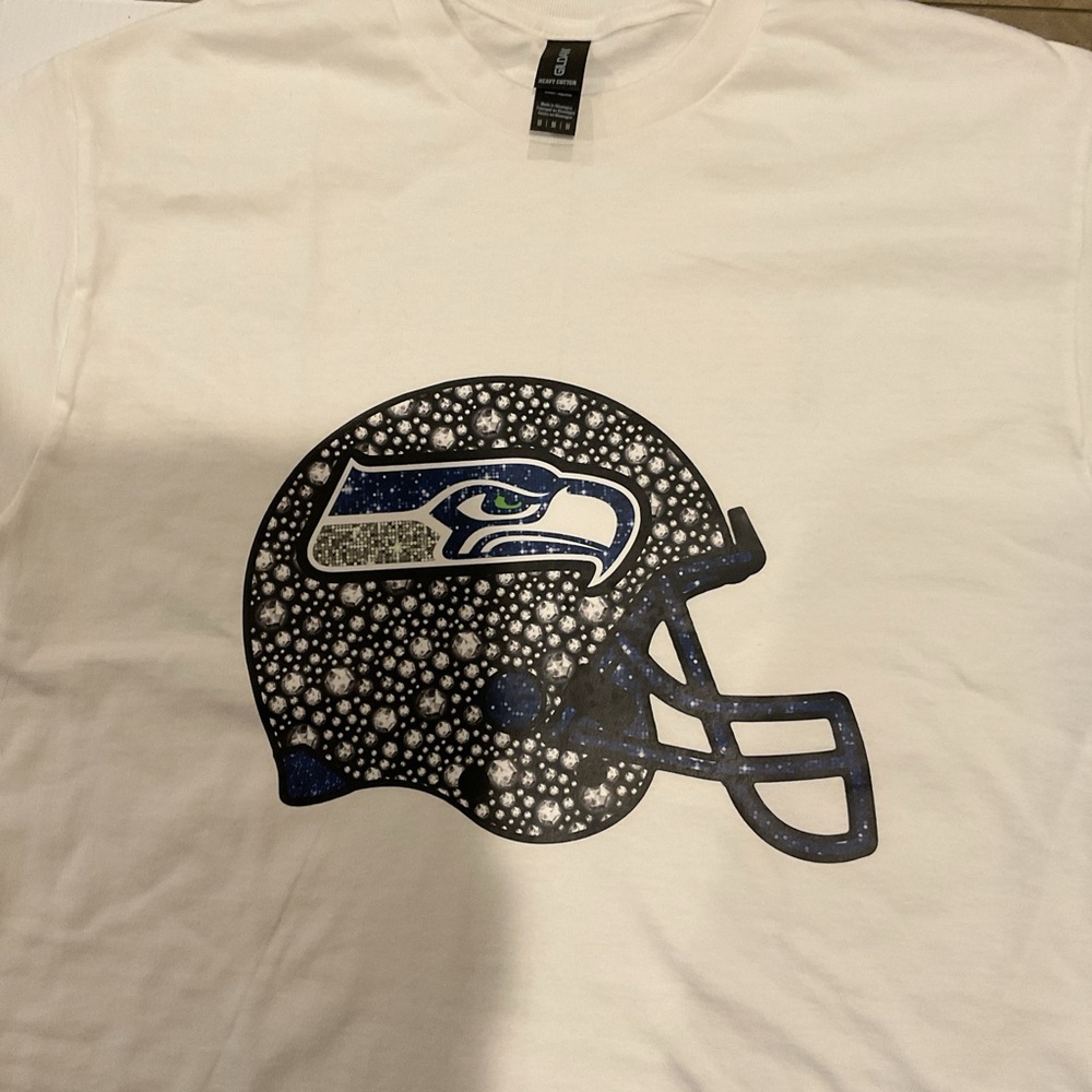 White T-Shirt with Blue and Black Football Helmet Design